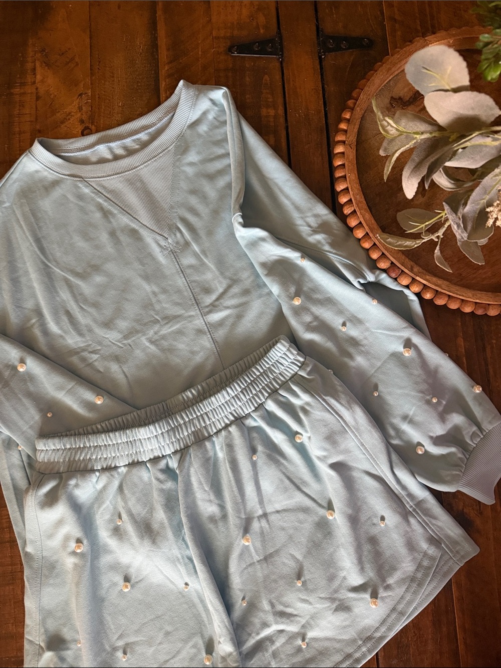 Light Blue Pearl-Embellished skirt and sweatshirt set